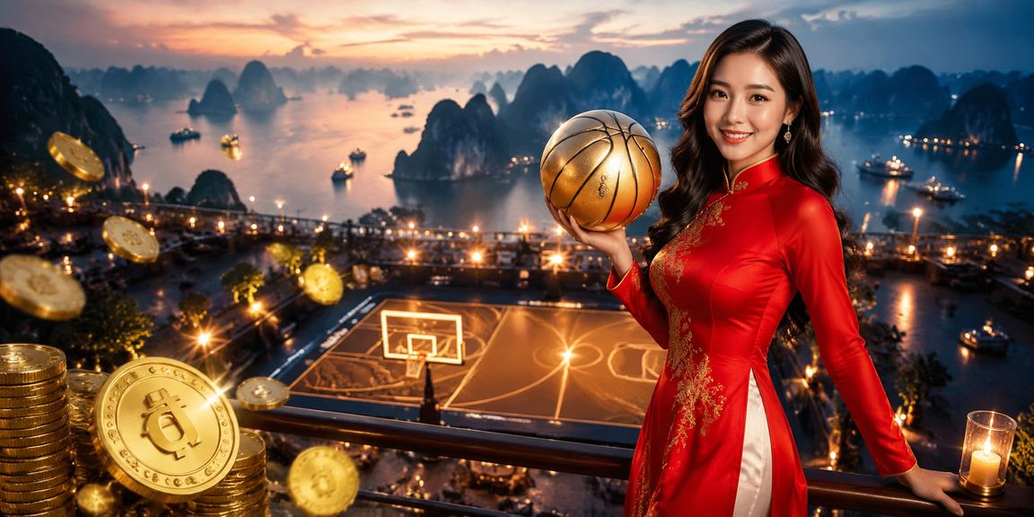 Người dùng Việt Nam mặc áo dài trải nghiệm cược thể thao tại vùng biển Hạ Long buổi tối