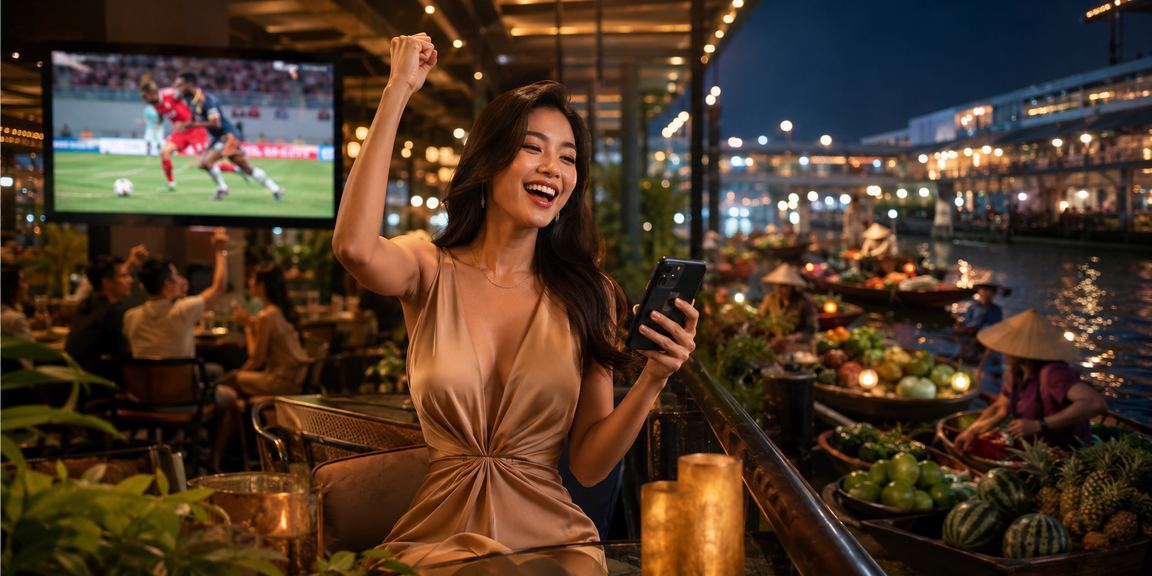 Người phụ nữ Việt Nam chơi casino trực tuyến trên điện thoại bên sông Mekong